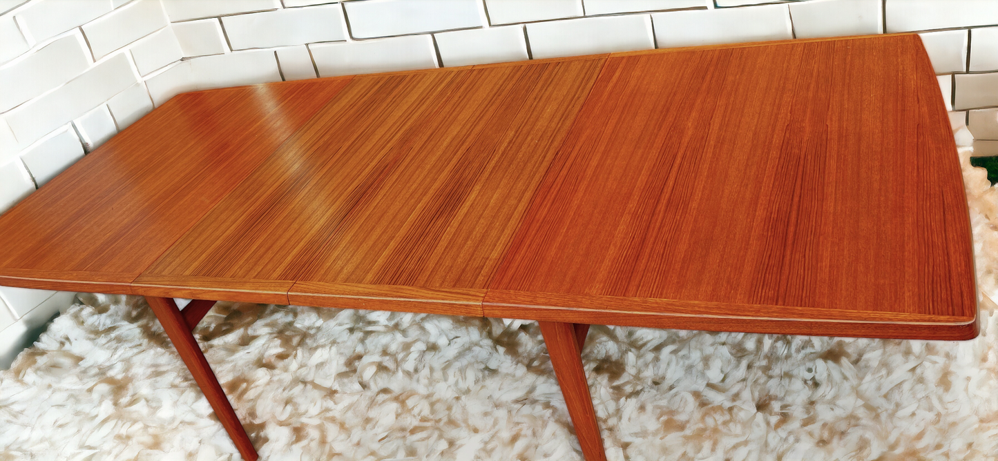 REFINISHED Mid Century Modern Teak Table w 2 Leaves Self-Storing 65.5"-101.5"