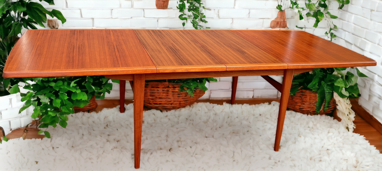 REFINISHED Mid Century Modern Teak Table w 2 Leaves Self-Storing 65.5"-101.5"