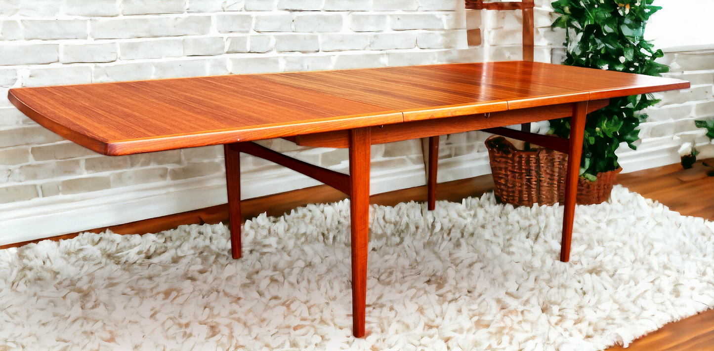 REFINISHED Mid Century Modern Teak Table w 2 Leaves Self-Storing 65.5"-101.5"