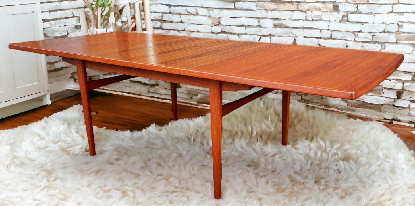 REFINISHED Mid Century Modern Teak Table w 2 Leaves Self-Storing 65.5"-101.5"