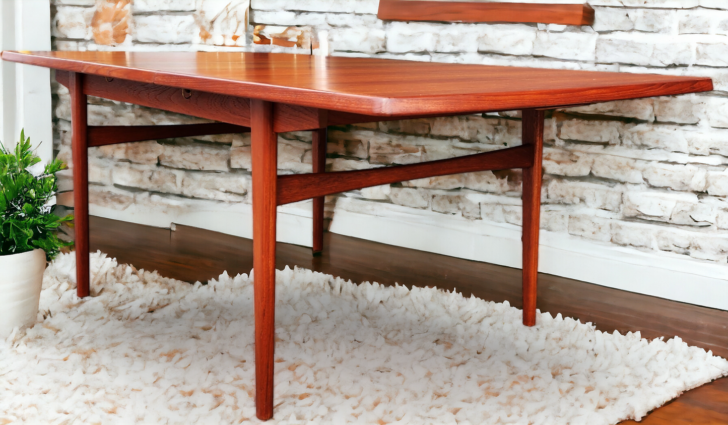 REFINISHED Mid Century Modern Teak Table w 2 Leaves Self-Storing 65.5"-101.5"