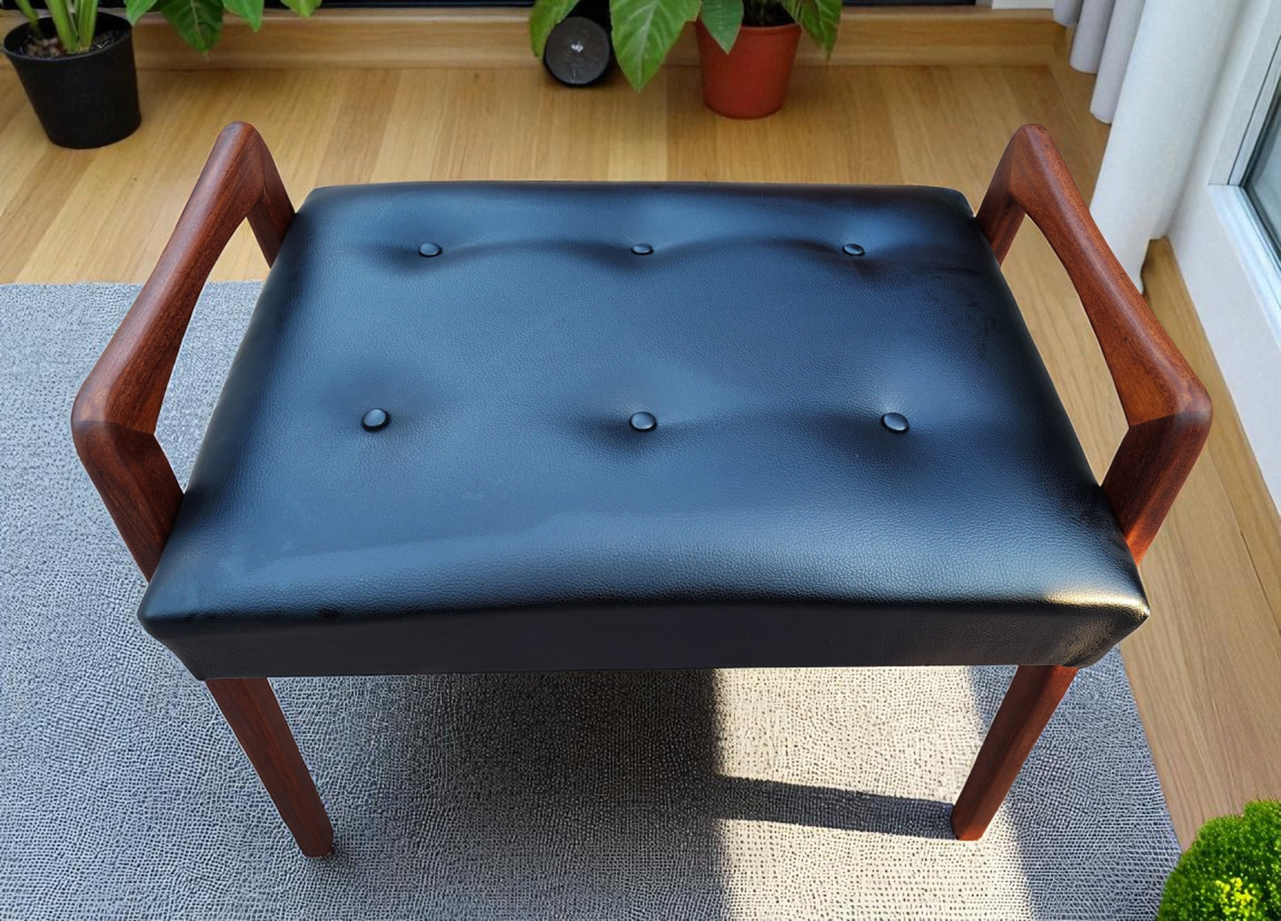 REFINISHED REUPHOLSTERED Mid Century Modern Teak Foot Stool, Sweden