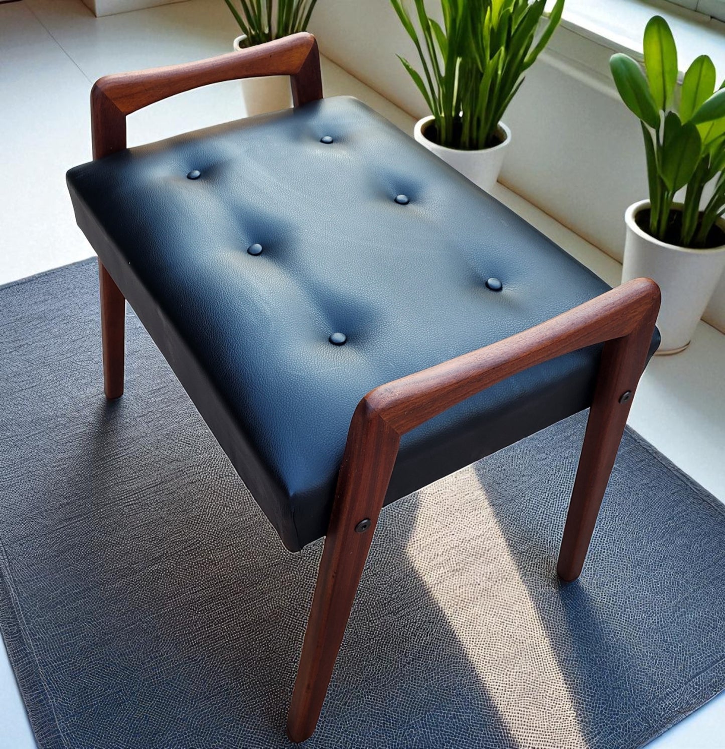 REFINISHED REUPHOLSTERED Mid Century Modern Teak Foot Stool, Sweden