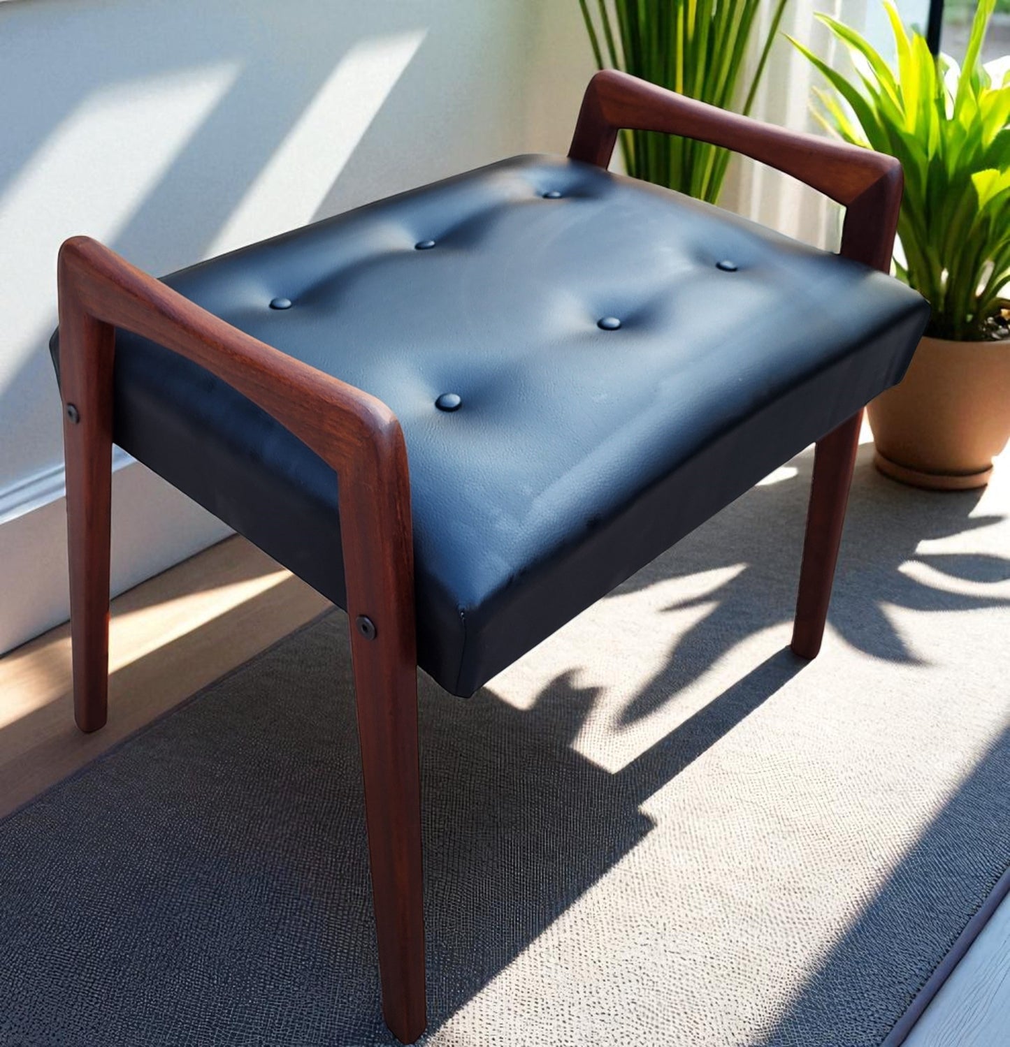 REFINISHED REUPHOLSTERED Mid Century Modern Teak Foot Stool, Sweden
