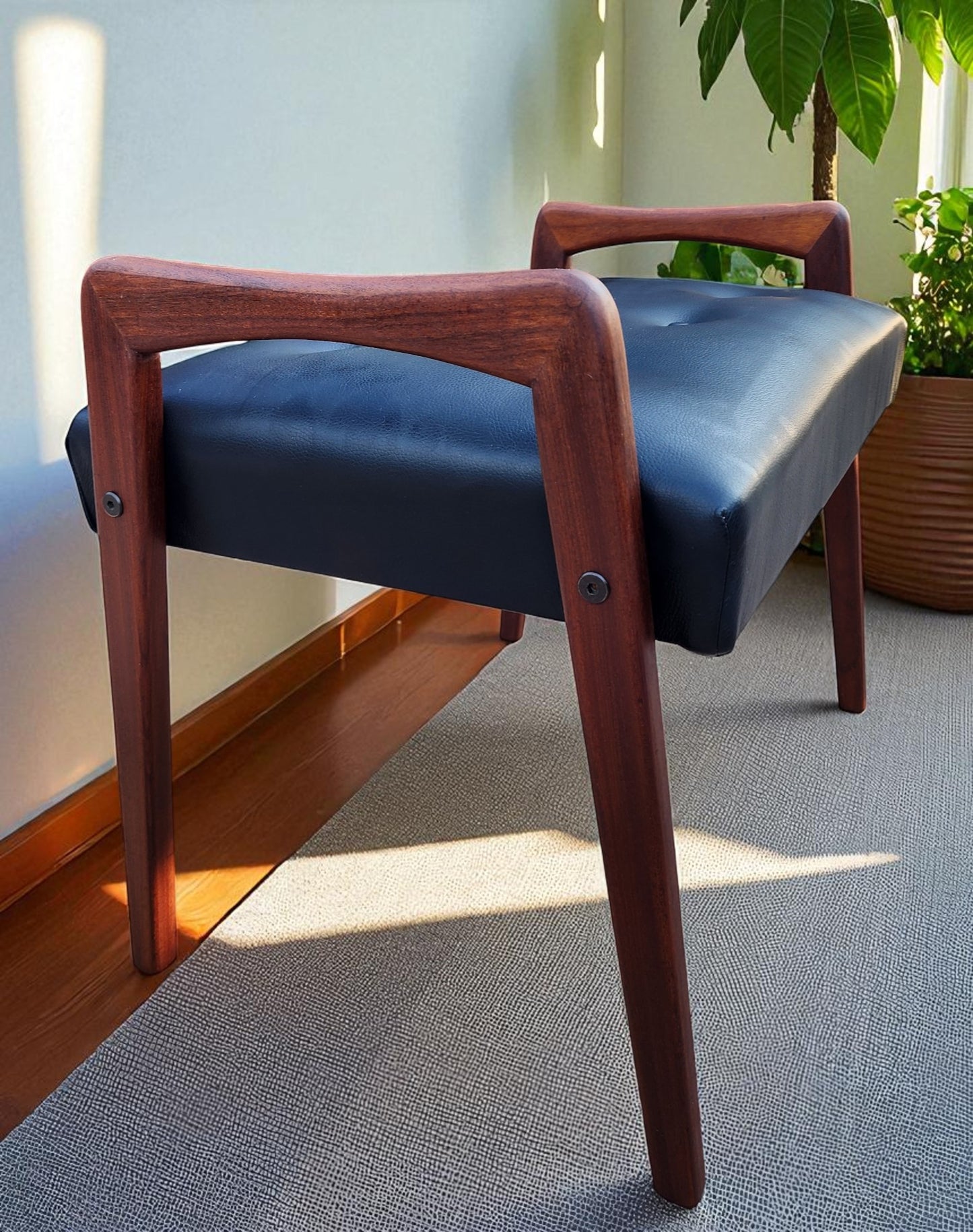 REFINISHED REUPHOLSTERED Mid Century Modern Teak Foot Stool, Sweden