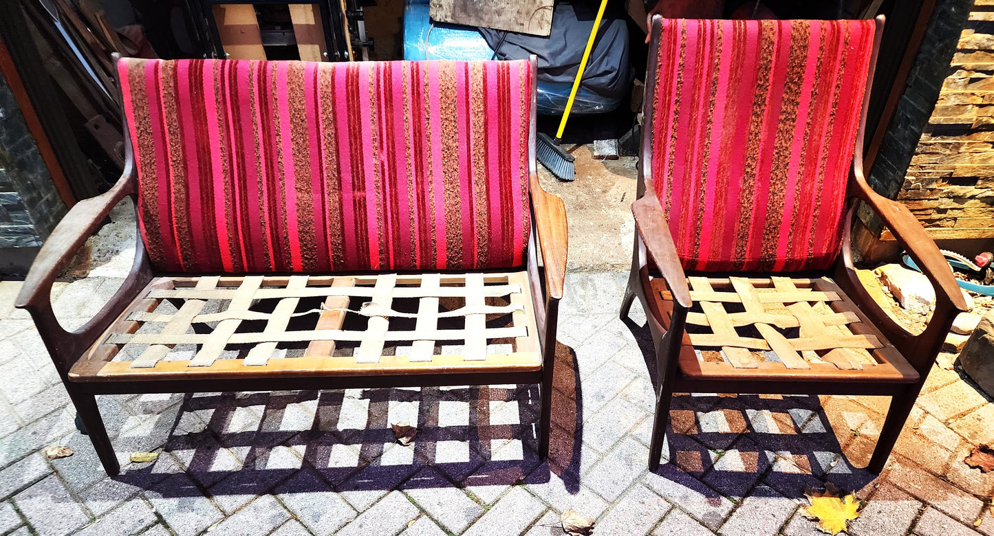 Choose fabric! REFINISHED Mid-Century Modern Teak Loveseat & Lounge Chair by R.Huber