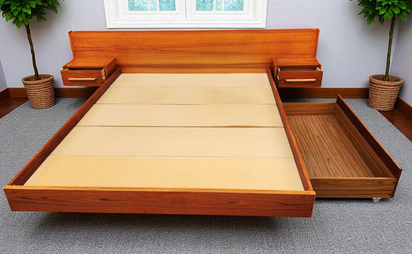 REFINISHED MCM Teak Queen Bed w Floating Nightstands & Storage Drawer