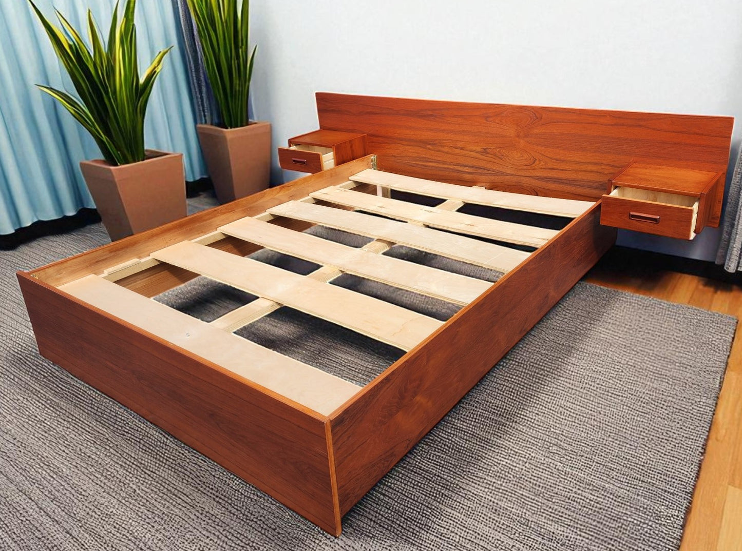 REFINISHED Mid Century Modern Teak Bed w Floating Nightstands Queen size