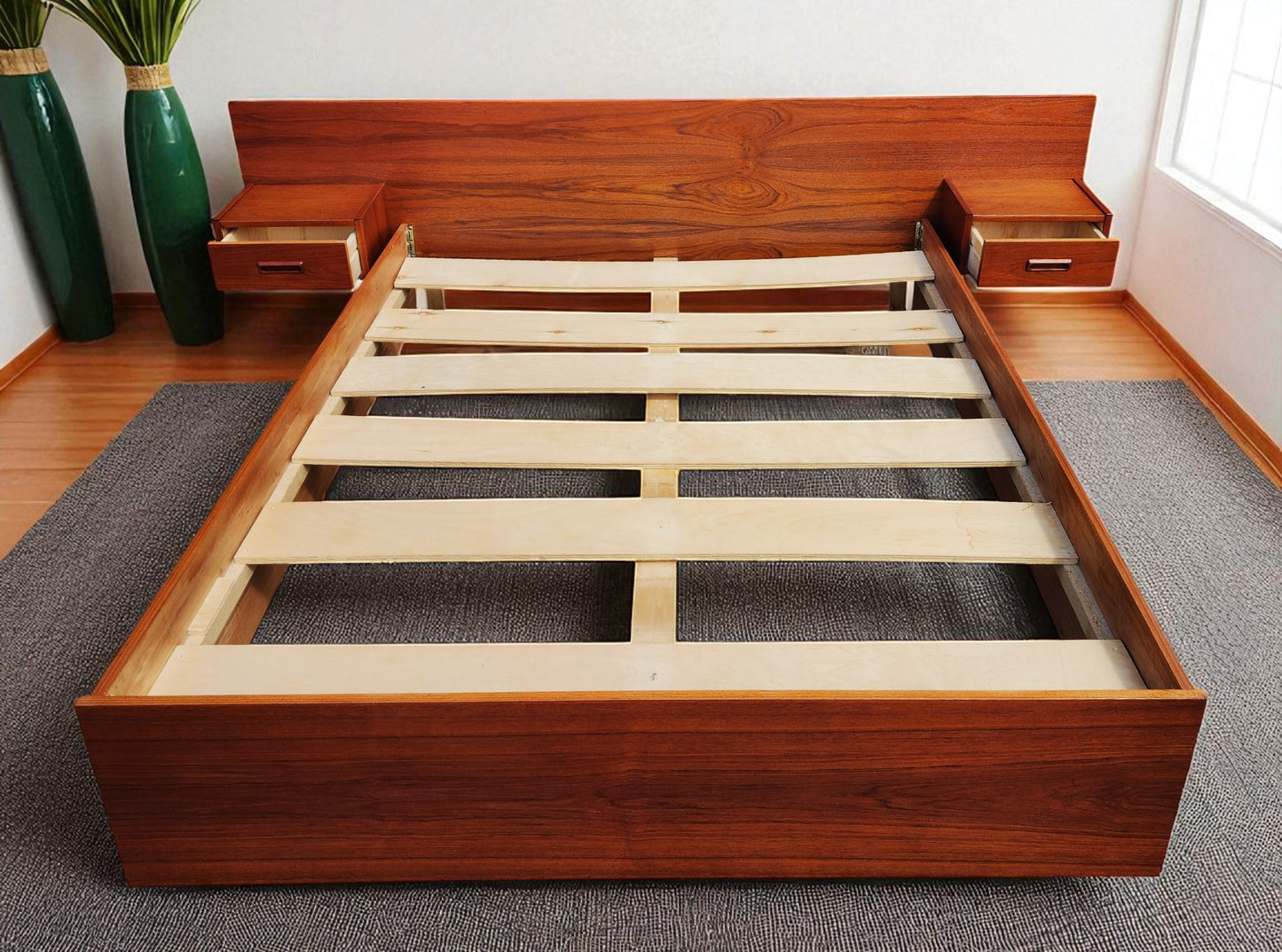 REFINISHED Mid Century Modern Teak Bed w Floating Nightstands Queen size