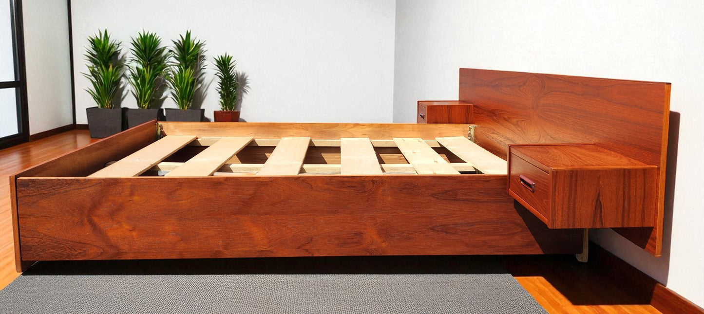REFINISHED Mid Century Modern Teak Bed w Floating Nightstands Queen size