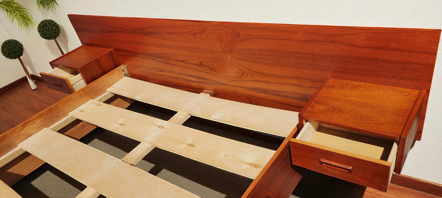 REFINISHED Mid Century Modern Teak Bed w Floating Nightstands Queen size
