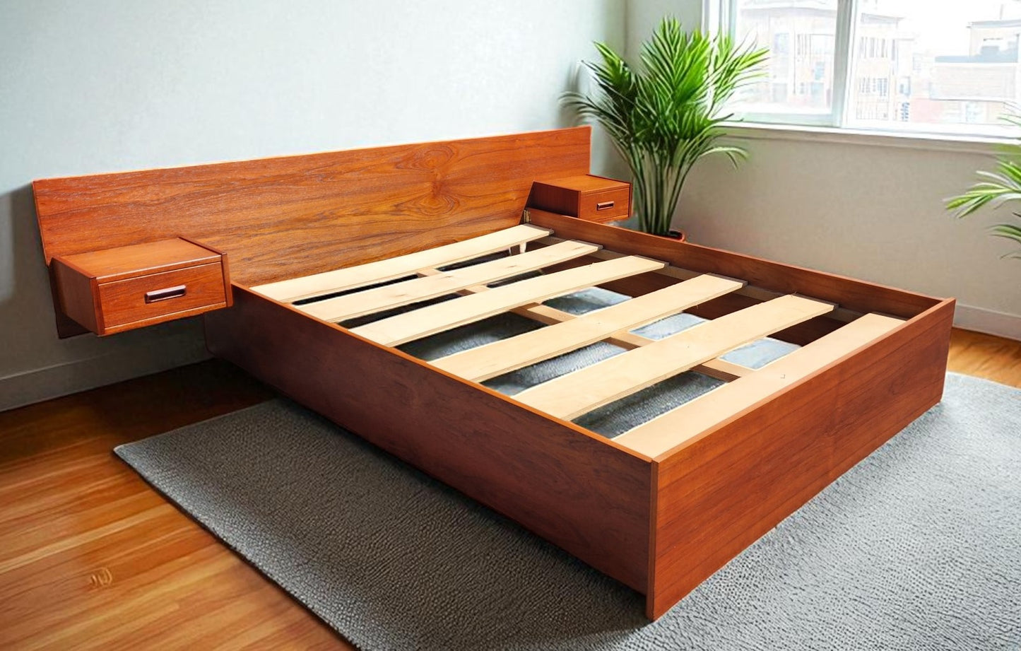 REFINISHED Mid Century Modern Teak Bed w Floating Nightstands Queen size