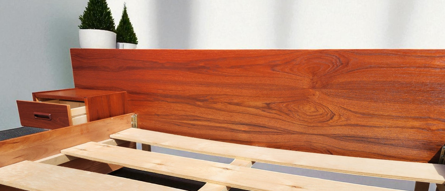 REFINISHED Mid Century Modern Teak Bed w Floating Nightstands Queen size