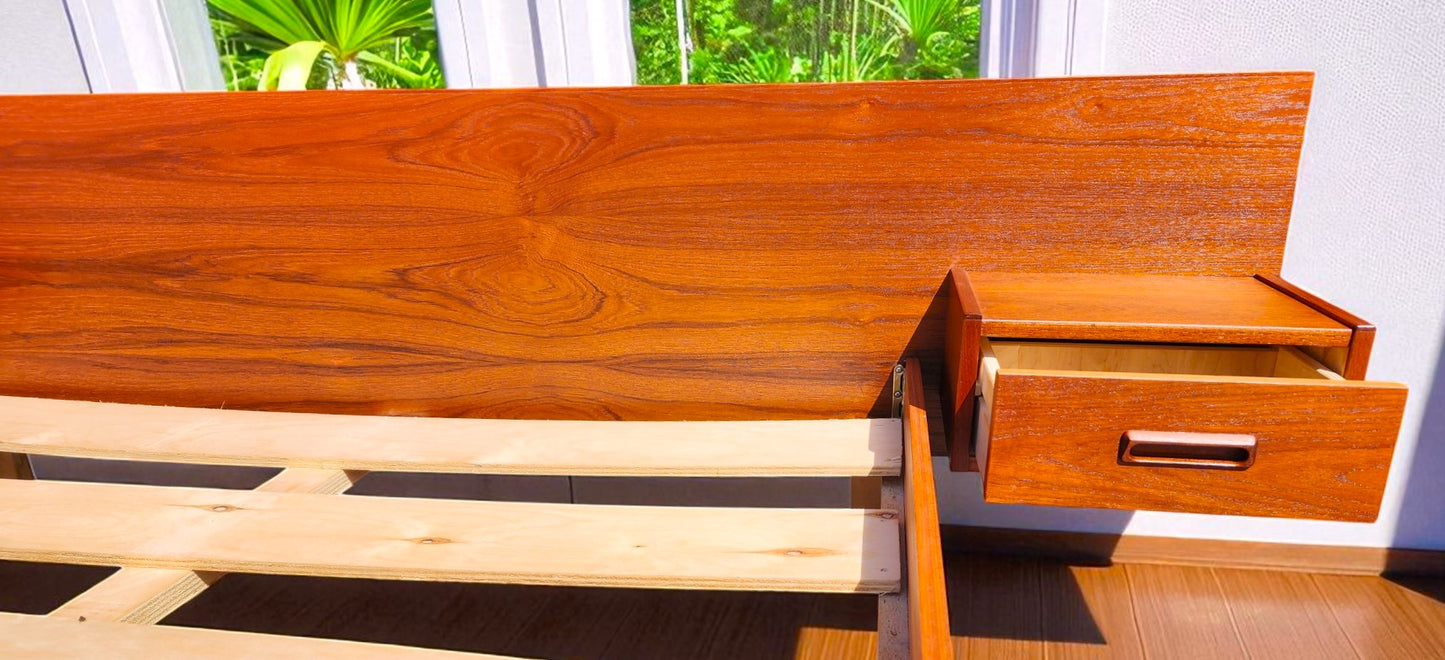 REFINISHED Mid Century Modern Teak Bed w Floating Nightstands Queen size