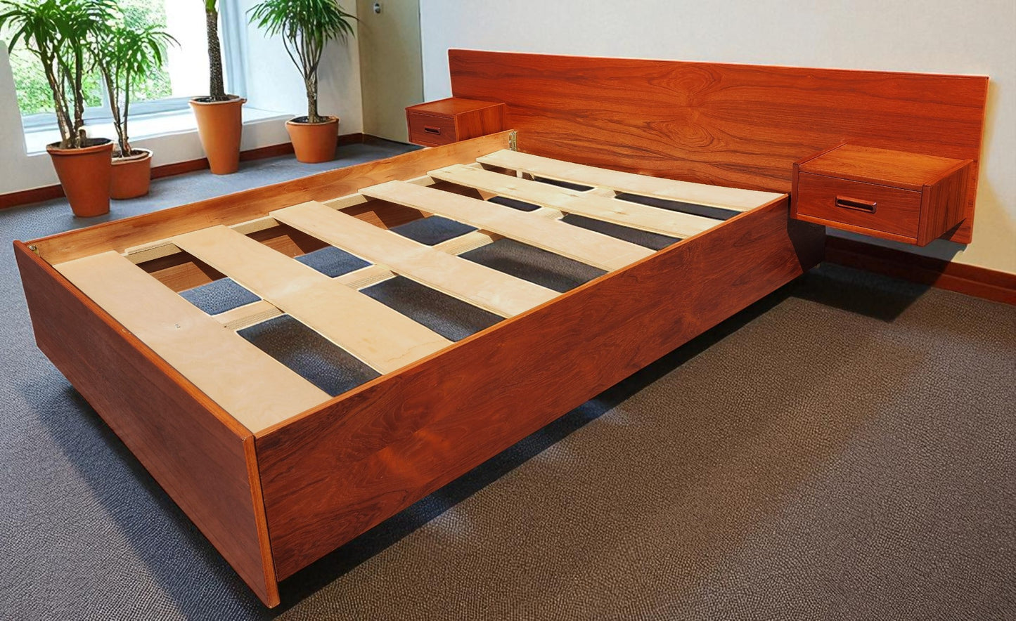REFINISHED Mid Century Modern Teak Bed w Floating Nightstands Queen size