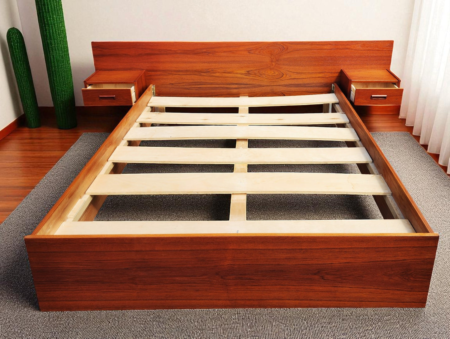 REFINISHED Mid Century Modern Teak Bed w Floating Nightstands Queen size