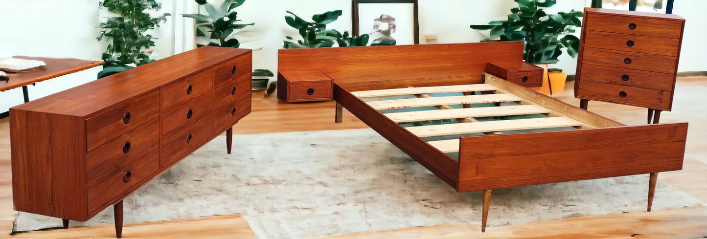REFINISHED Mid Century Modern Teak Bedroom set (Queen Bed w Nightstands & 2 Dressers)