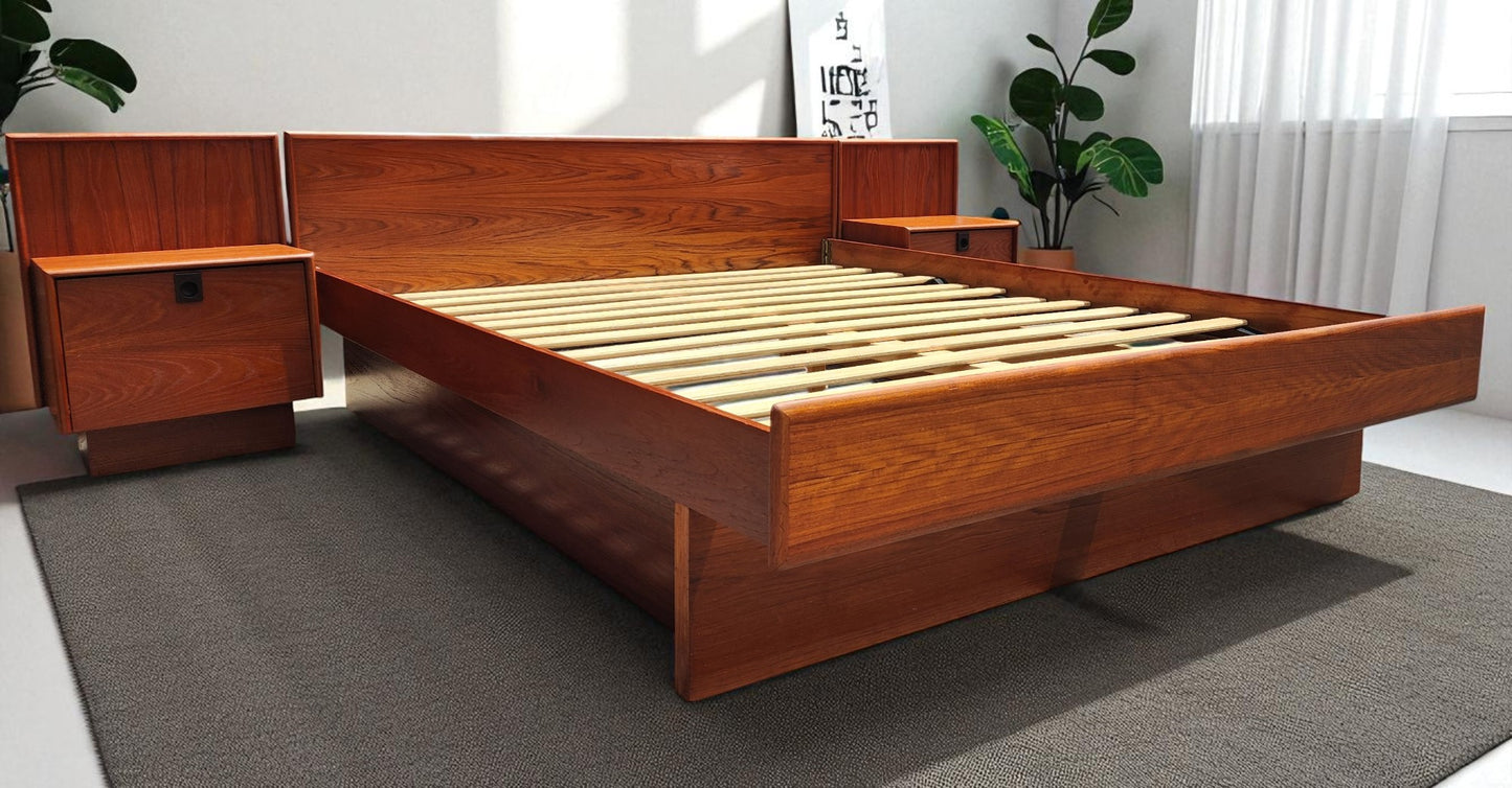 REFINISHED Mid Century Modern Teak Queen Bed w Nightstands, Dresser & Wardrobe