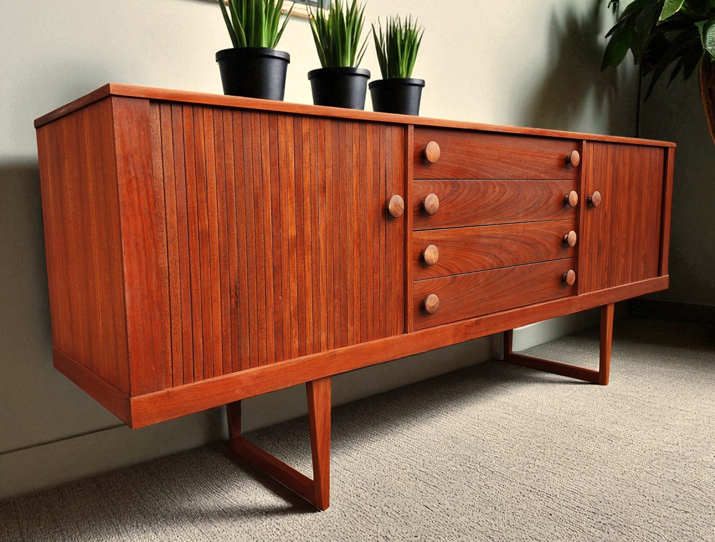 REFINISHED Mid Century Modern Teak Sideboard w Tambour Doors 84"
