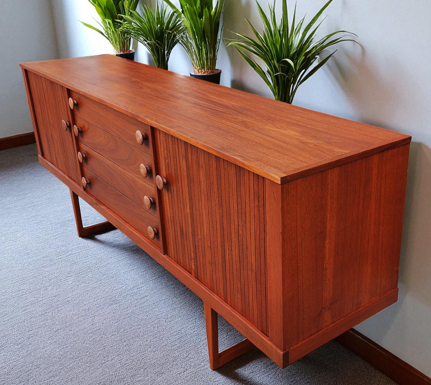 REFINISHED Mid Century Modern Teak Sideboard w Tambour Doors 84"