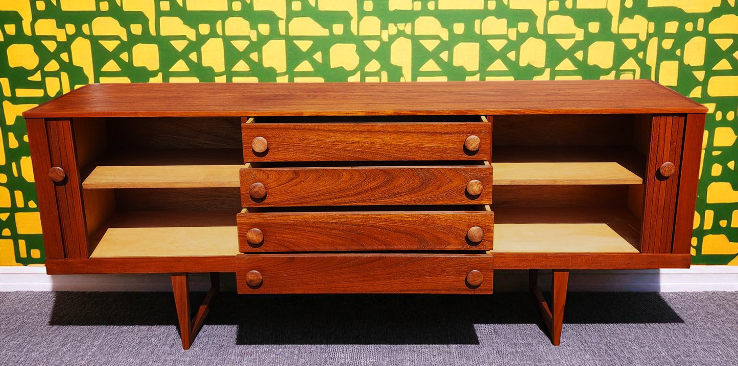 REFINISHED Mid Century Modern Teak Sideboard w Tambour Doors 84"