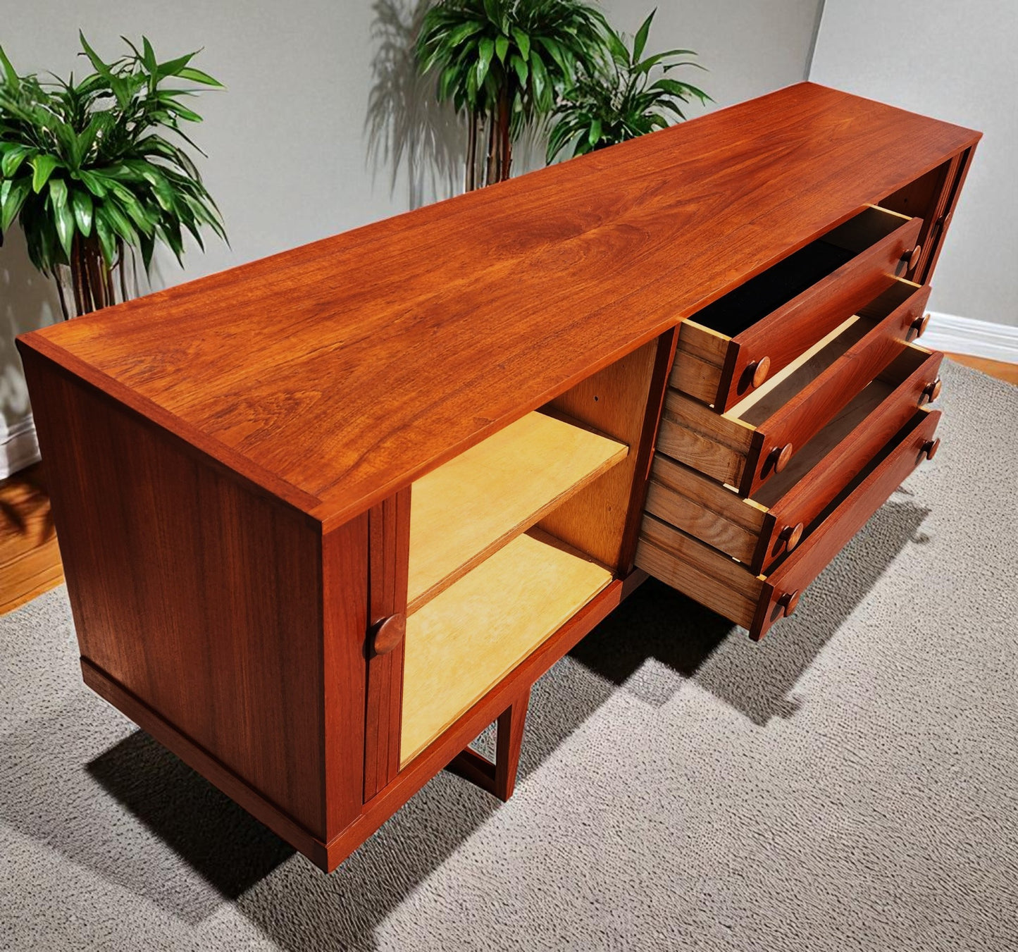 REFINISHED Mid Century Modern Teak Sideboard w Tambour Doors 84"