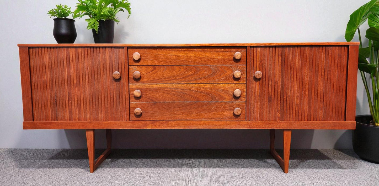 REFINISHED Mid Century Modern Teak Sideboard w Tambour Doors 84"