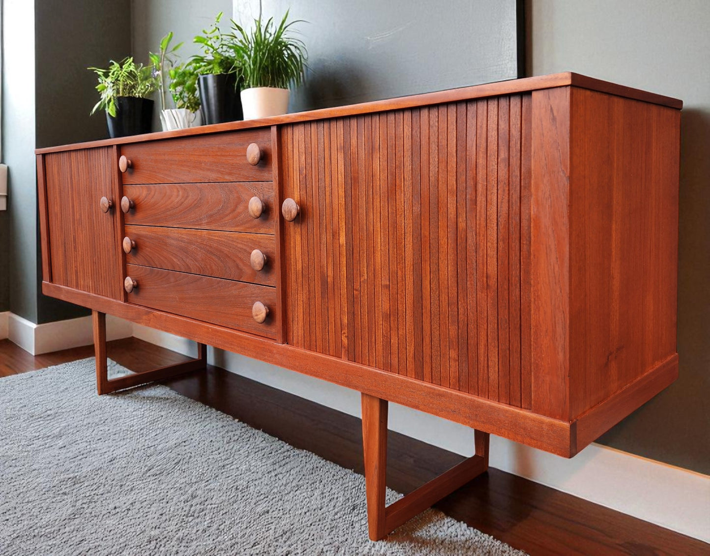 REFINISHED Mid Century Modern Teak Sideboard w Tambour Doors 84"