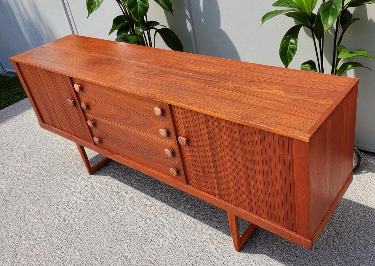 REFINISHED Mid Century Modern Teak Sideboard w Tambour Doors 84"