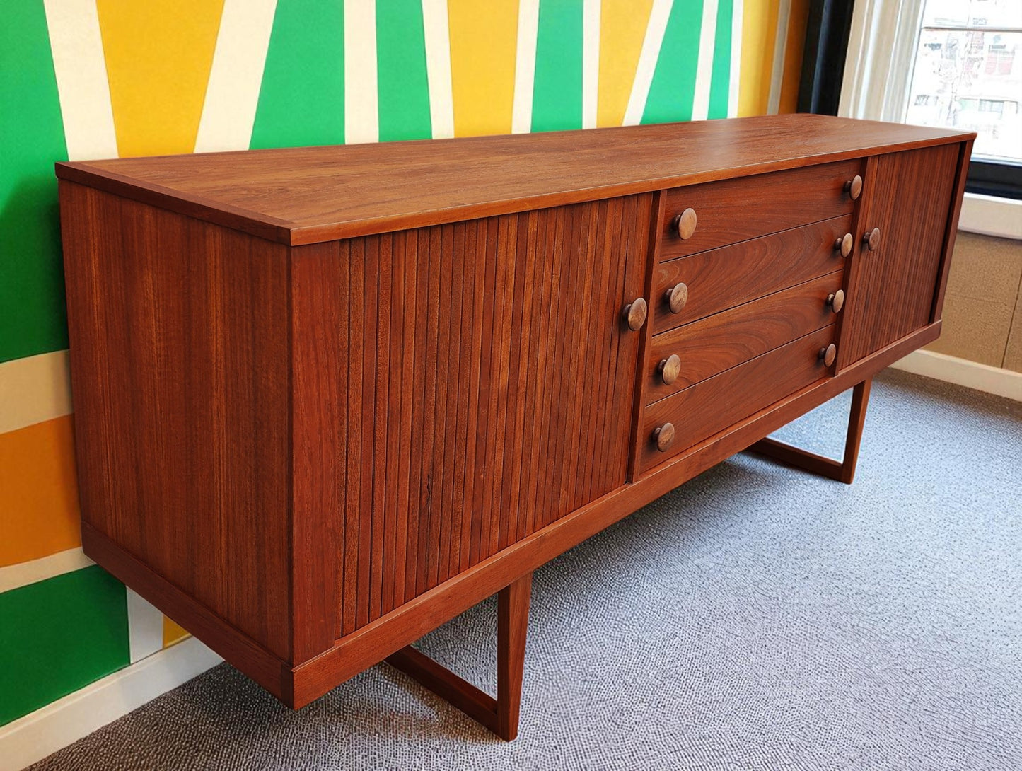 REFINISHED Mid Century Modern Teak Sideboard w Tambour Doors 84"