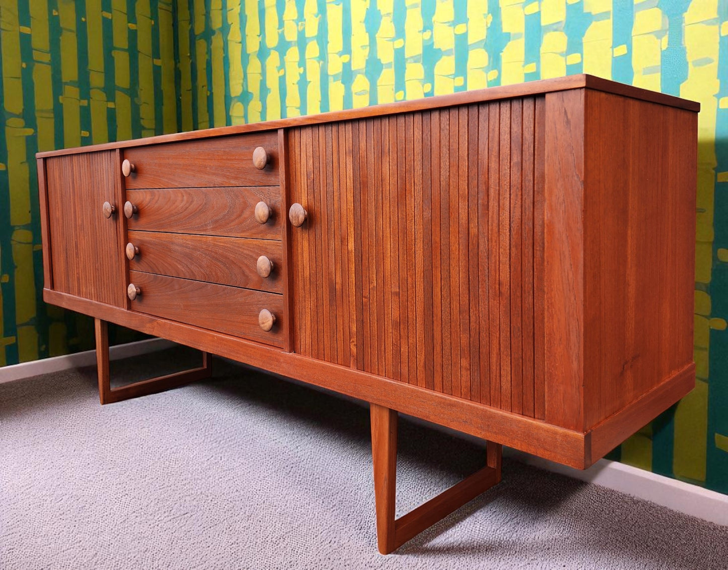 REFINISHED Mid Century Modern Teak Sideboard w Tambour Doors 84"