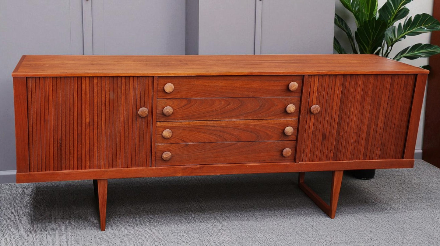 REFINISHED Mid Century Modern Teak Sideboard w Tambour Doors 84"