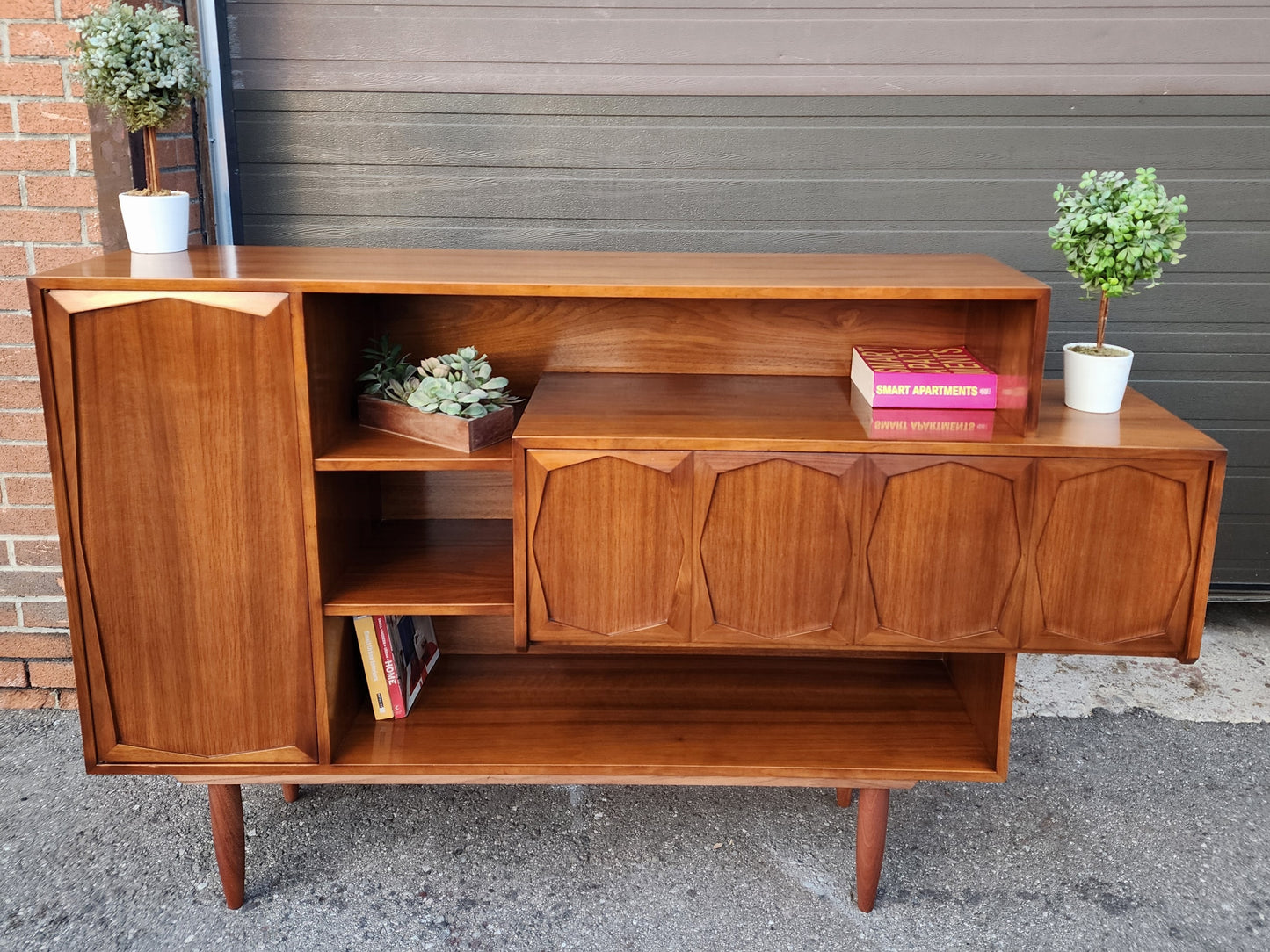 Sculptural Mid Century Modern Walnut Bar Cabinet 69"
