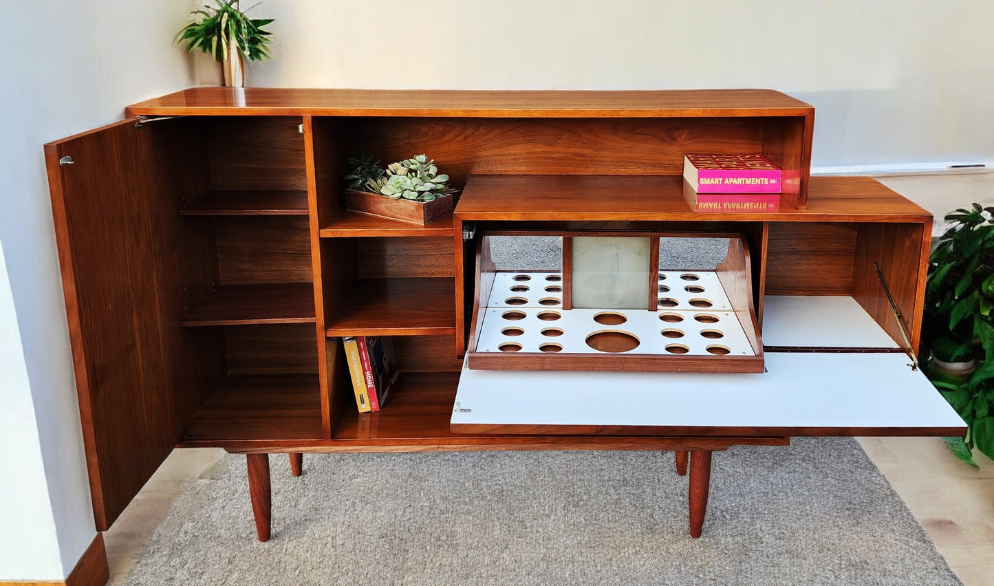 Sculptural Mid Century Modern Walnut Bar Cabinet 69"
