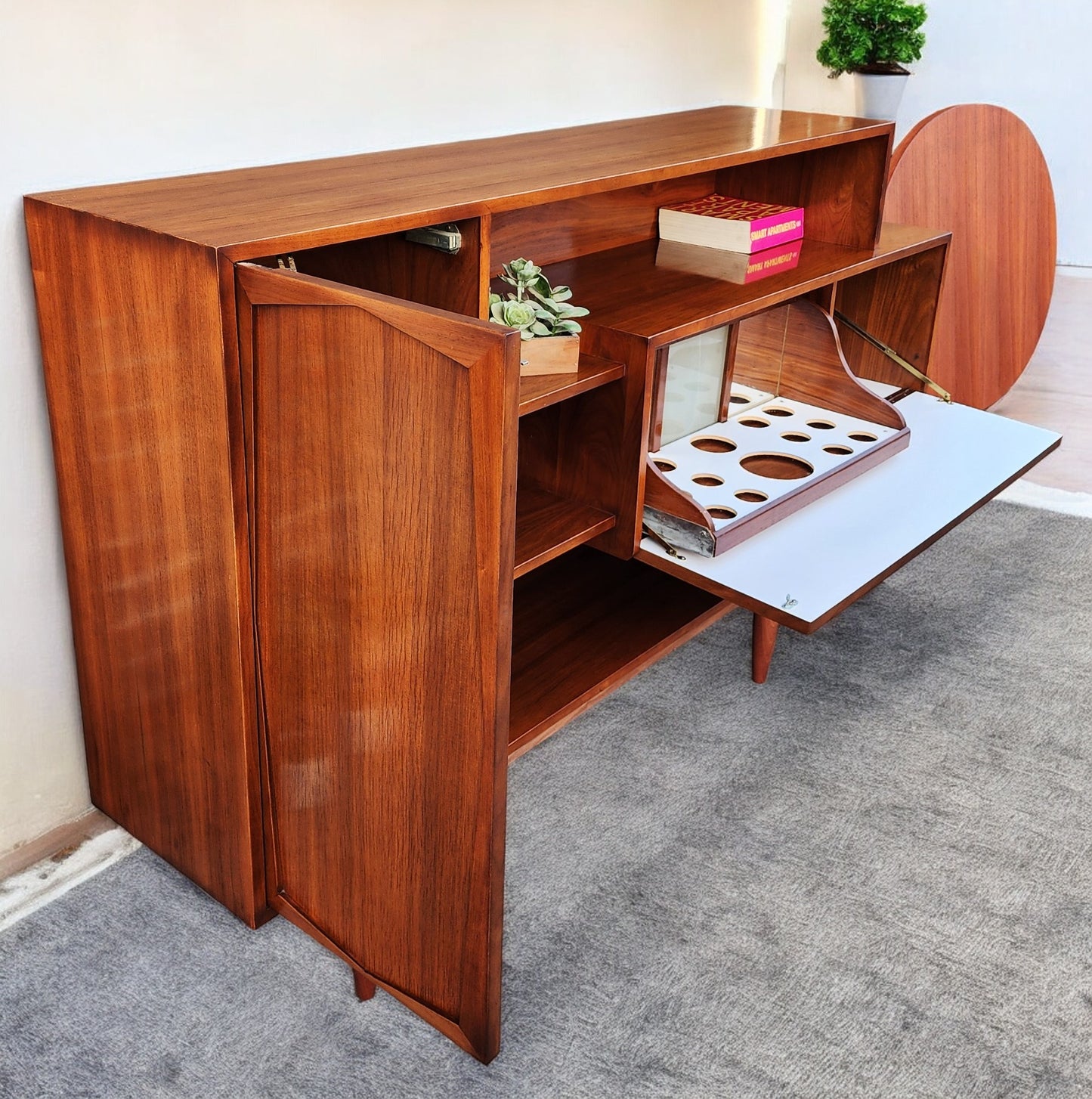 Sculptural Mid Century Modern Walnut Bar Cabinet 69"