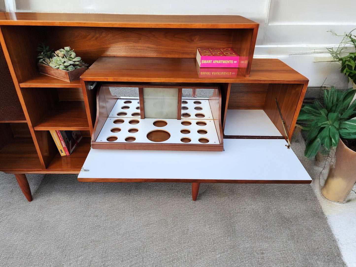 Sculptural Mid Century Modern Walnut Bar Cabinet 69"