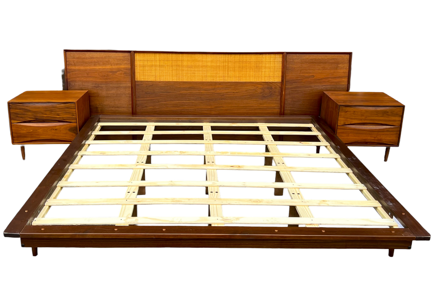 REFINISHED Mid Century Modern Walnut & Cane Bed King, 2 Dressers, 2 Nightstands
