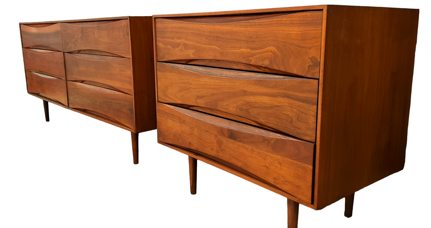 REFINISHED Mid Century Modern Walnut & Cane Bed King, 2 Dressers, 2 Nightstands