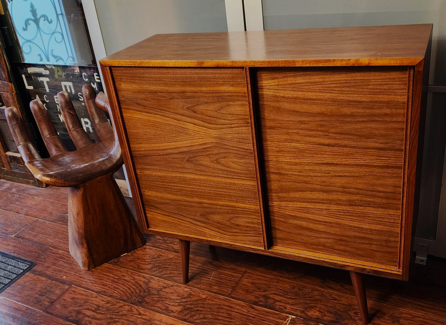 REFINISHED MCM walnut cabinet w sliding doors, narrow, fits records 37.5”