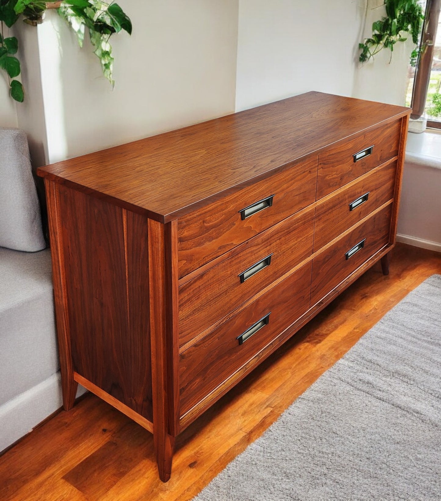 REFINISHED Mid Century Modern Walnut Dresser 6 Drawers by Gibbard 58"