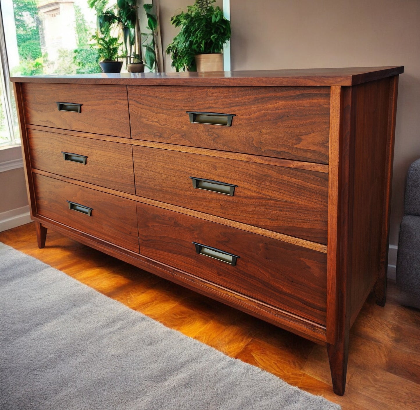 REFINISHED Mid Century Modern Walnut Dresser 6 Drawers by Gibbard 58"