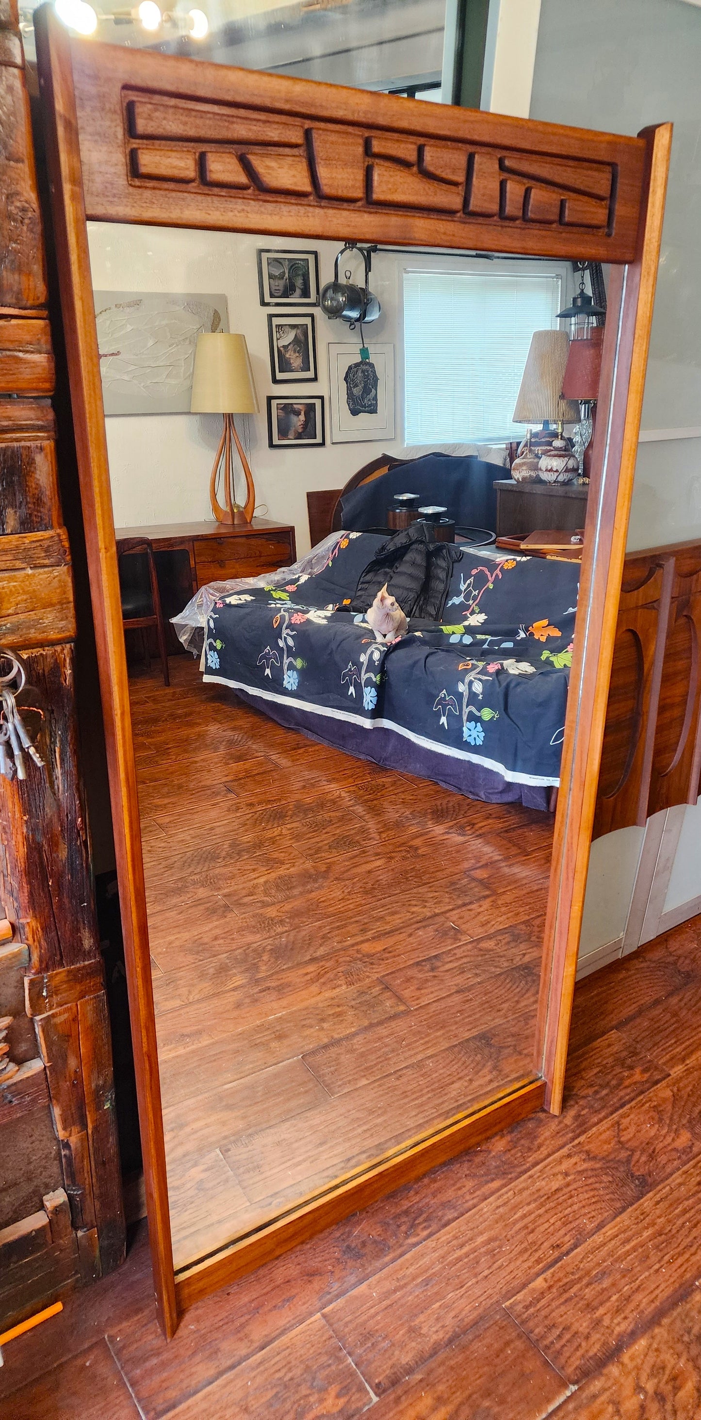 REFINISHED Mid Century Modern Brutalist Solid Walnut Mirror Large