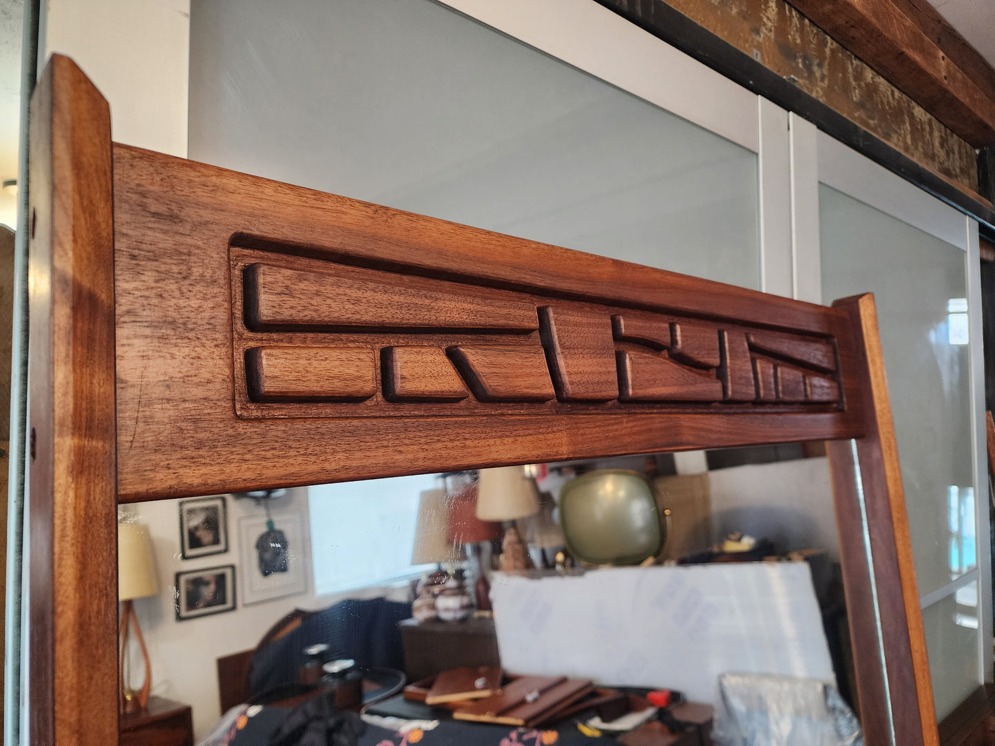 REFINISHED Mid Century Modern Brutalist Solid Walnut Mirror Large