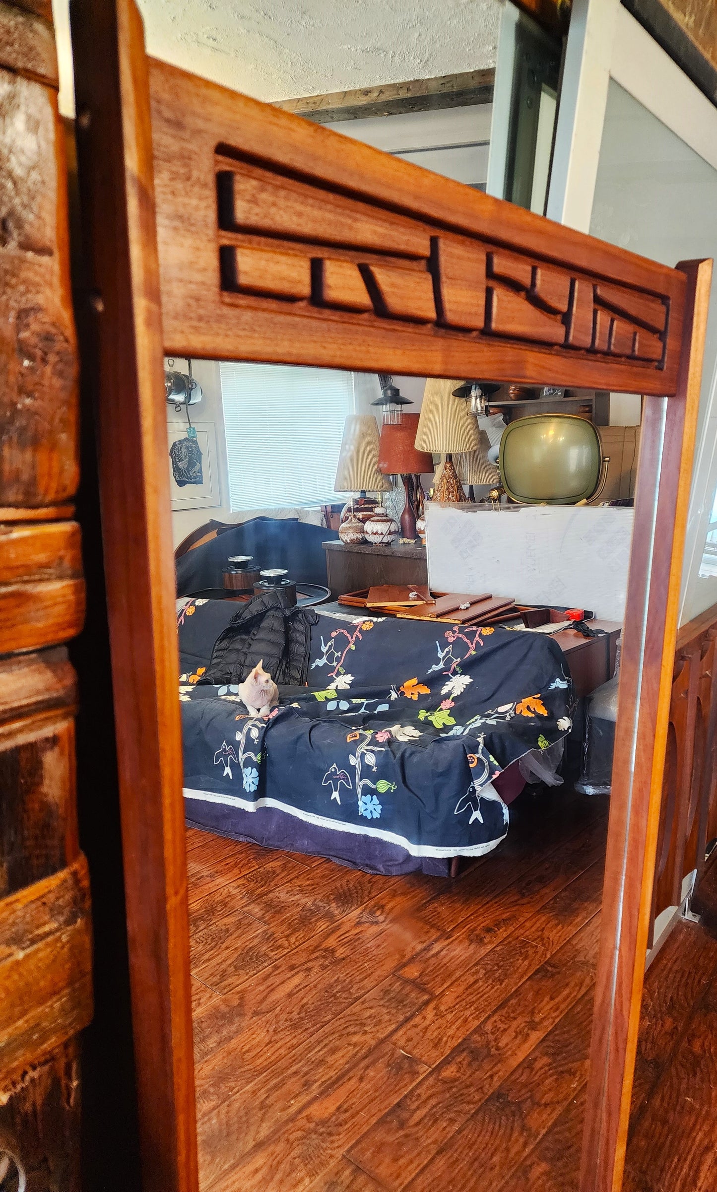 REFINISHED Mid Century Modern Brutalist Solid Walnut Mirror Large
