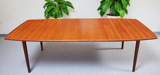 REFINISHED MCM Boat Shaped Teak Table Self storing w 2 Leaves by G. Bahus 63"-96"