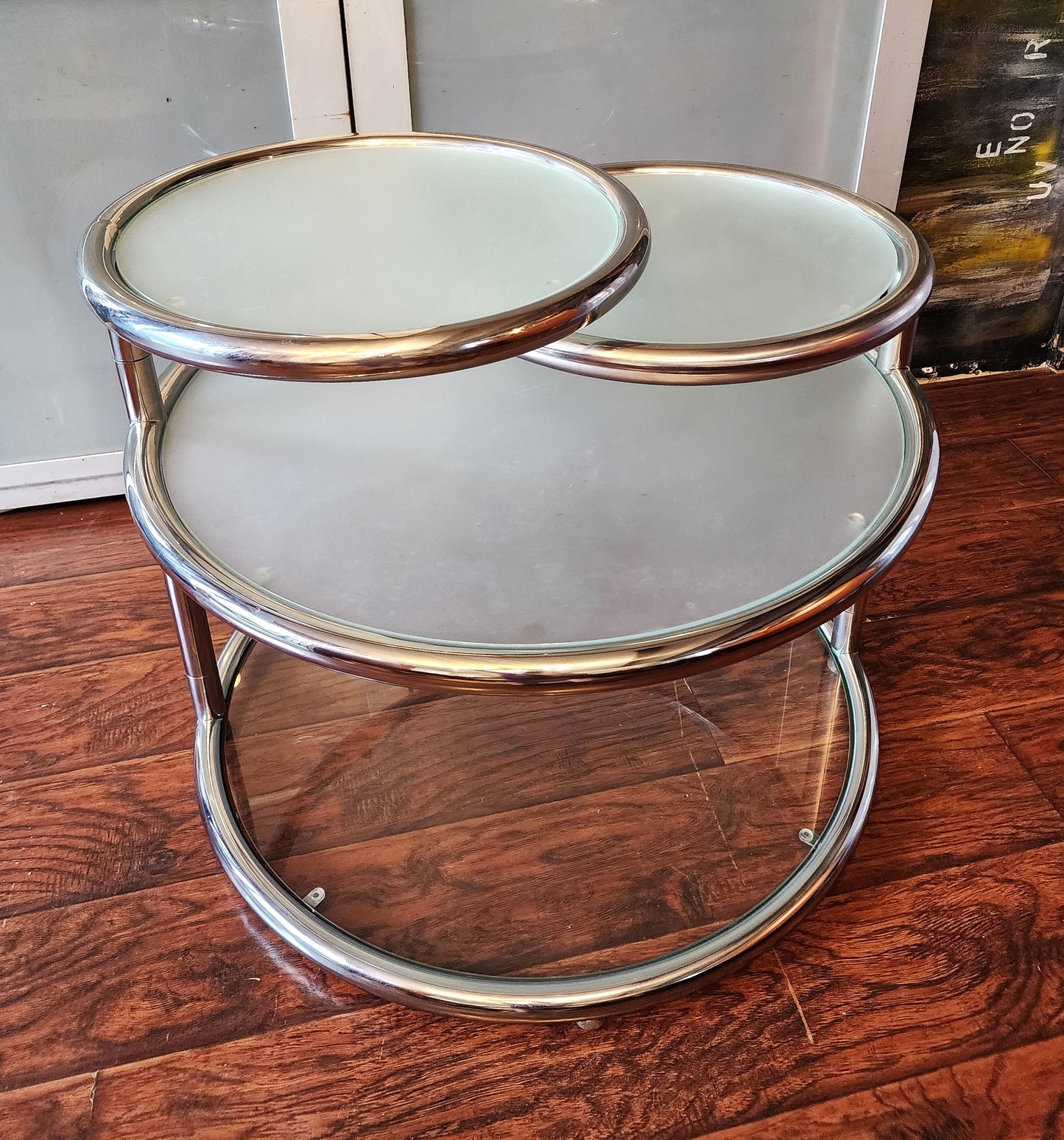 Mid Century Modern Milo Baughman Style Swivel Tiered Circles Coffee Table 29"-64"