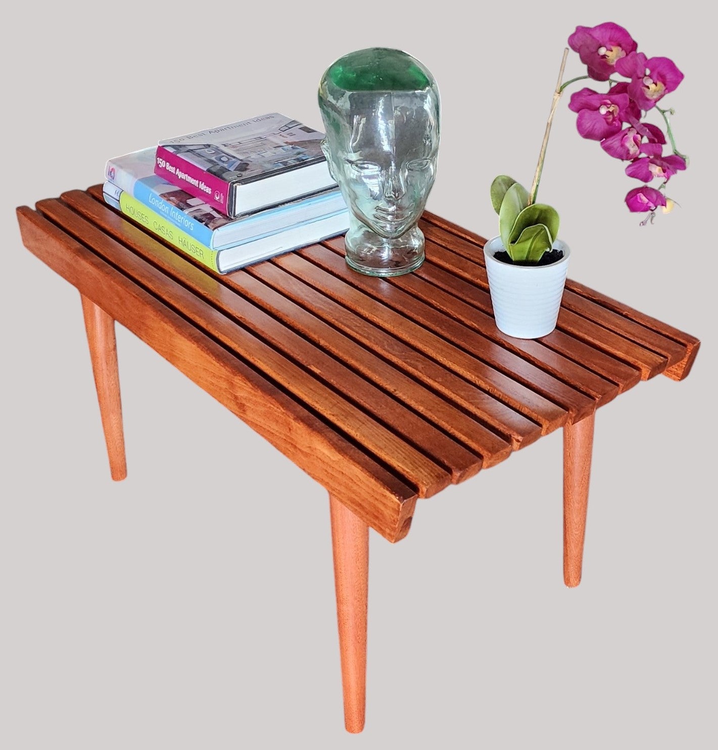 REFINISHED Mid Century Modern Teak Slatted Bench or Coffee Table 3 ft