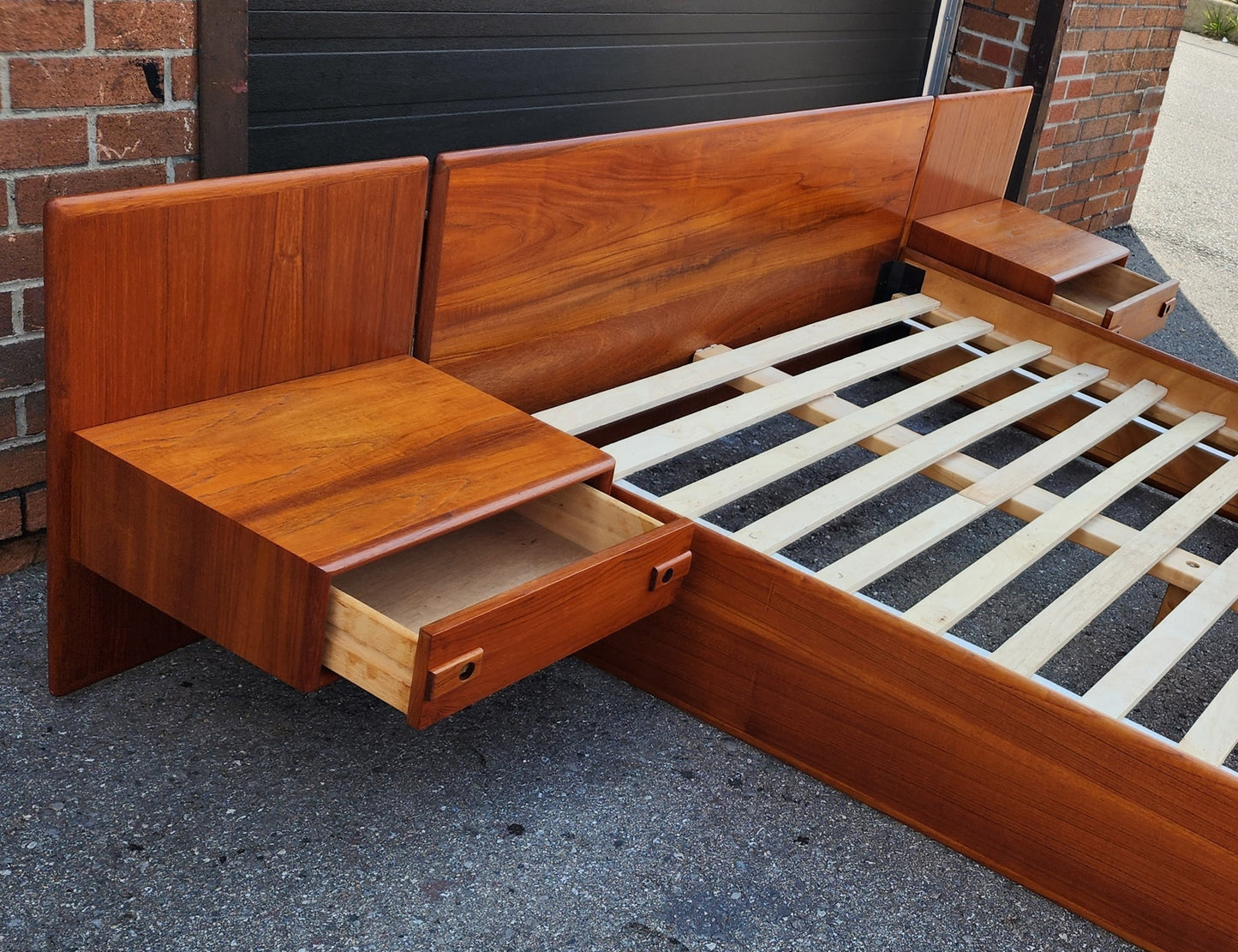 REFINISHED Mid Century Modern Teak Queen Bed w Floating Nightstands