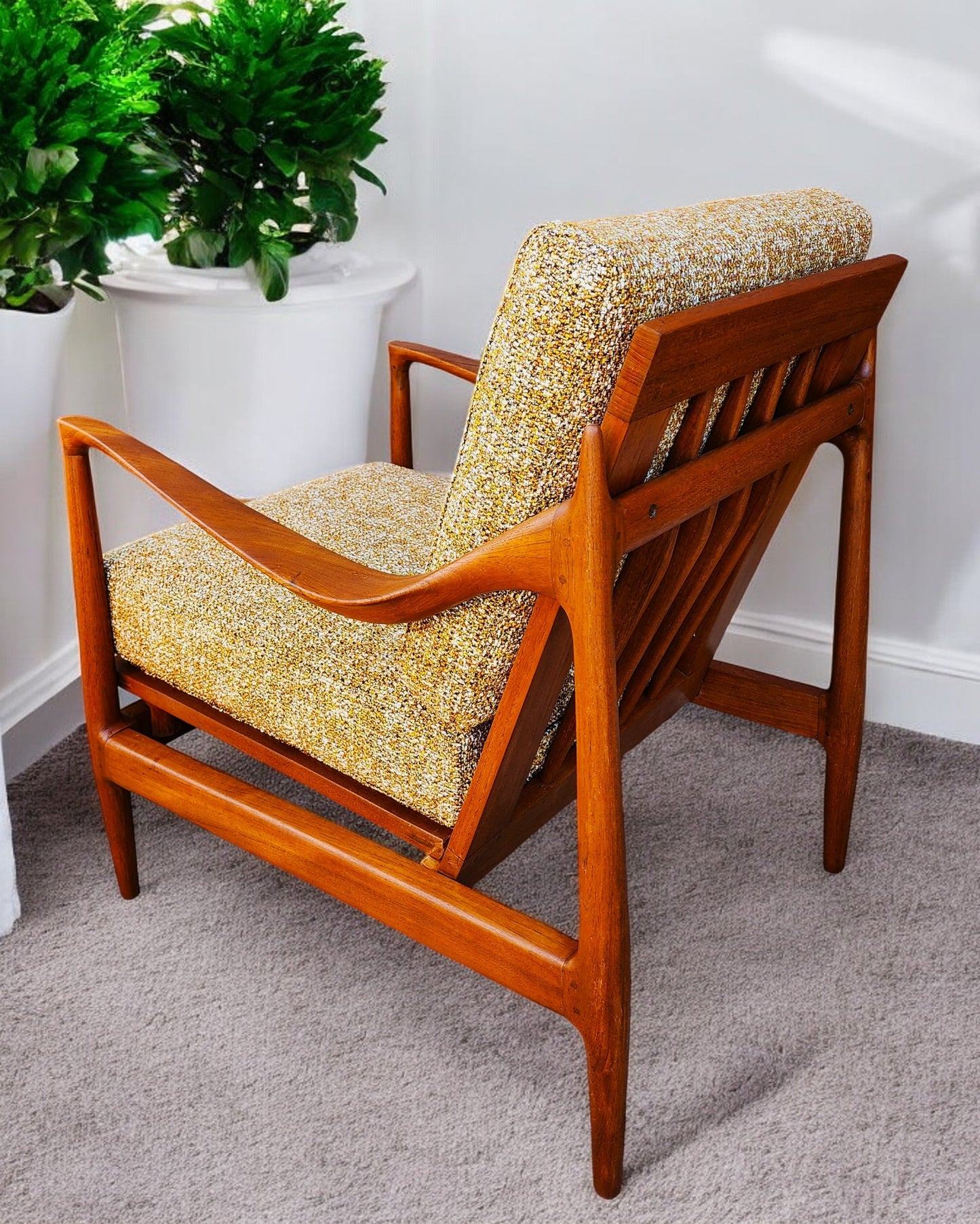 REFINISHED REUPHOLSTERED Danish MCM Teak Lounge Chair w Performance Fabric