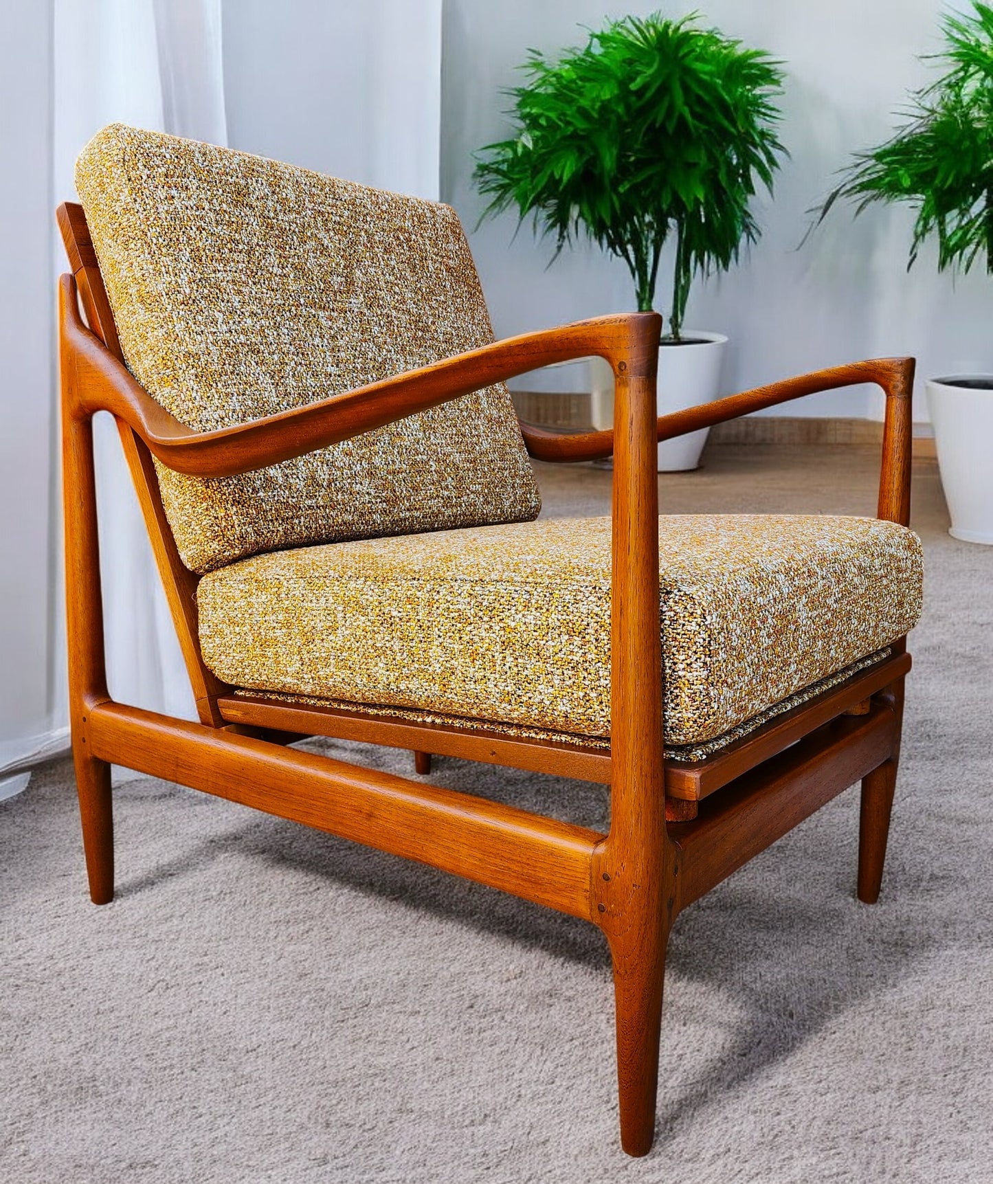 REFINISHED REUPHOLSTERED Danish MCM Teak Lounge Chair w Performance Fabric